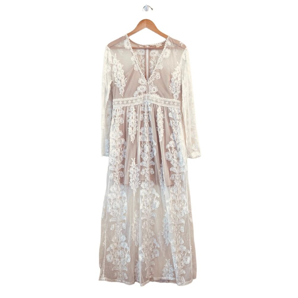 Altar'd State Blush Maxi Dress with Ivory Lace Overlay